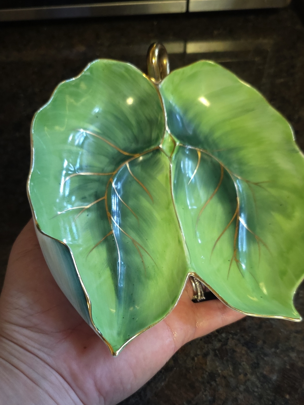 Green Leaf Porcelain Trinket Dish with Gold Trim